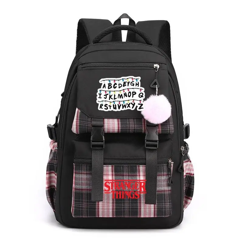 Stranger Things ABC Fairy Lights Plaid Backpack, Black Red Tartan Contrast Daypack with Fluffy Pom Pom Pendant, Casual Travel Rucksack for Boys Girls