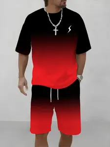 Men's Short Sleeve T-Shirt Lightning Gradient Design Print, Casual Fitted Tee with Comfortable Shorts Set Outfit, All-Season Wear
