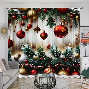 2 pieces, 2D plan, Christmas tree green leaves, pine branches, Christmas ball printed curtains - pole pocket - semi blackout digital printing - suitable for living room, bedroom, kitchen, study, bathroom home decoration, room decoration, Window Curtain