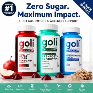 Zero Sugar Trio - World's First 3-in-1 Pre, Post, Probiotic, Apple Cider Vinegar with Vitamin B12 and Probiotics To Address Bloating, Ashwagandha & L-Theanine, Vitamin D gummies. Gluten-Free, Vegan, Non-GMO & Gelatin-Free