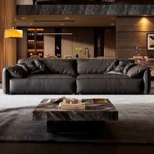 Luxury European Carved Leather Sofa, Black Wood Gold Hand Carved Frame Two-Tone Nappa Leather Couch, Vintage French Style 1/2/3 Seater Sofa For Villa Living Room