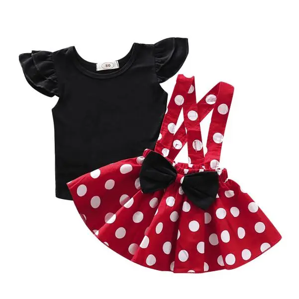 [Lullaby] Baby Girls' 2-Piece Casual Wear Clothing Original Set, Flying Sleeve Round Neck Top & Wide Strap Polka Dot Skirt Outfits, Polka Dots