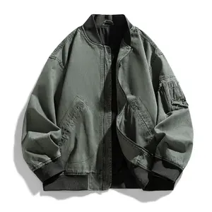 Men's  Washed Denim Jacket Comfortable Trendy Baseball Jersey Coat Perfect for Casual Street Style Everyday Wear Gifting Lightweight   Spring men Outfits multi  Parka  pocket Long Sleeve Menswear western Zip-up  Stylish  Dark Green   windbreaker Jackets