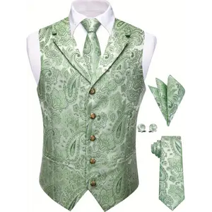 Elegant Men'S Paisley Tuxedo Vest Set with Double Collar, Hankerchief, Cufflinks & Tie - Perfect for Proms Formal Events