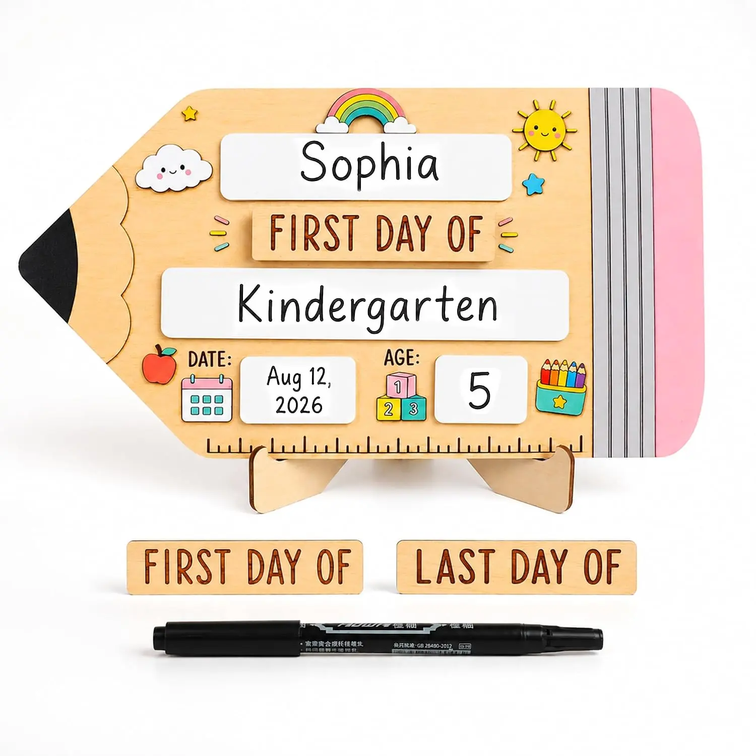 Natural Wood Pencil First & Last Day of School Sign, Back to School Dry Erase Photo Prop, 10x5.5in, Marker Included, Ready-Gift Box, Beautiful Design (Early Childhood Education Office Stationery)