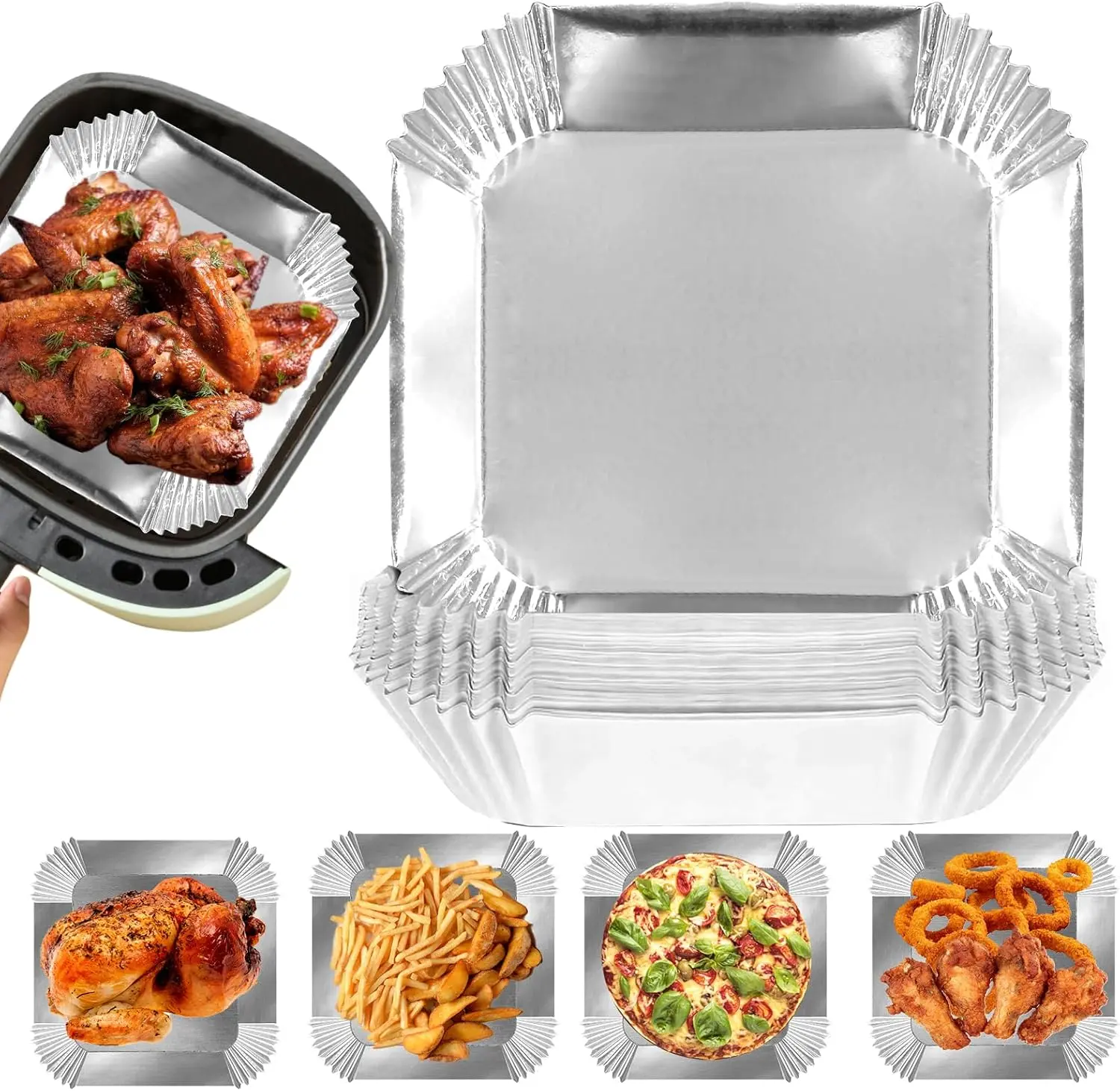 100Pcs Aluminum Foil, Air Fryer Disposable Paper Liner, Air Fryer Paper Liners,  6.3” Square Non-stick Sheets, Food Grade Aluminum Foil for Baking, Frying, Grilling, Roasting Microwave