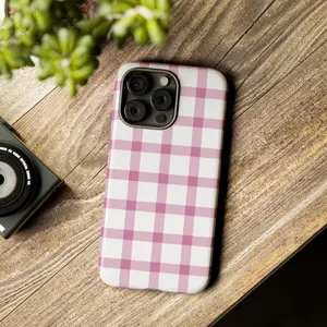 Pink Plaid Phone Case, Plaid iP Case, Pastel Aesthetic Case, Pastel Phone Case, Gift for Him/ Her, Men/ Women, Birthday - iP Xr, 11, 12, 13, 14, 15, 16, 17, S21, 22, 23, 24, 25 - Tough case, MagSafe, Phone case