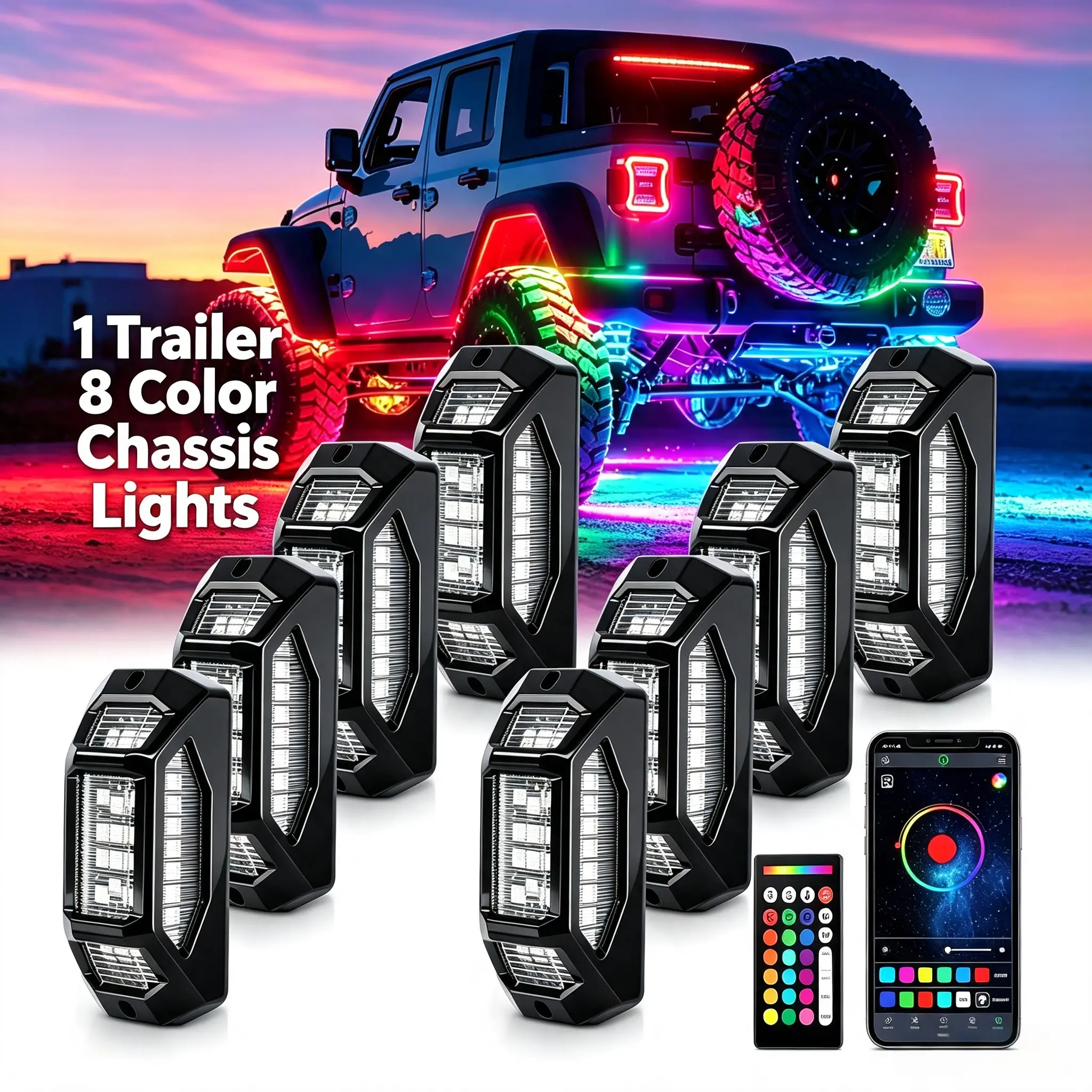 8-In-1 RGB Underglow Pods Set Car Rock Light Kit, App & Remote Control, 16M Colors Music Sync, Waterproof Offroad Chassis Decor for Truck/SUV/ATV Holiday Gift