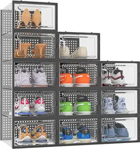 12-Pack Clear Stackable Shoe Storage Bins with Black Frame – Foldable, Space-Saving Closet Organizer