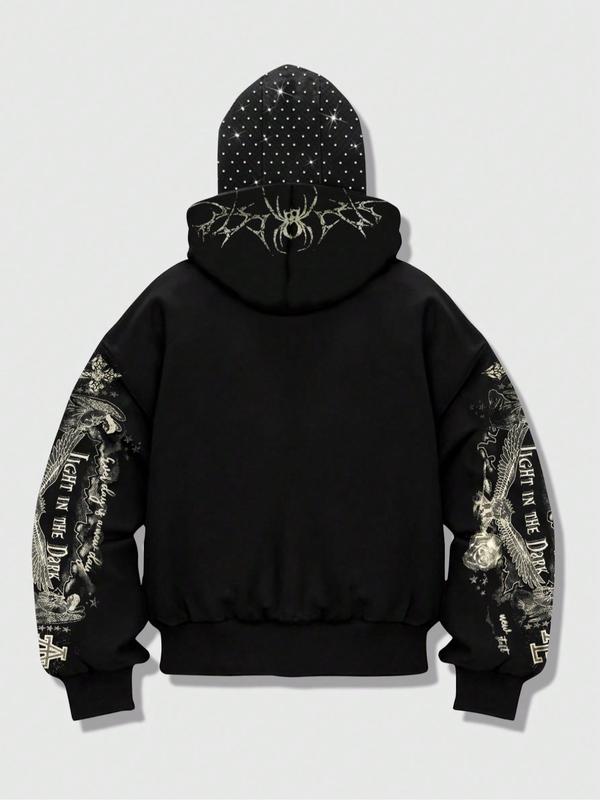 Men's Street Style Rhinestone Decor Hoodie With Two Hat, Windproof Jacket with Pockets and Zipper Design, Fall & Winter Wear