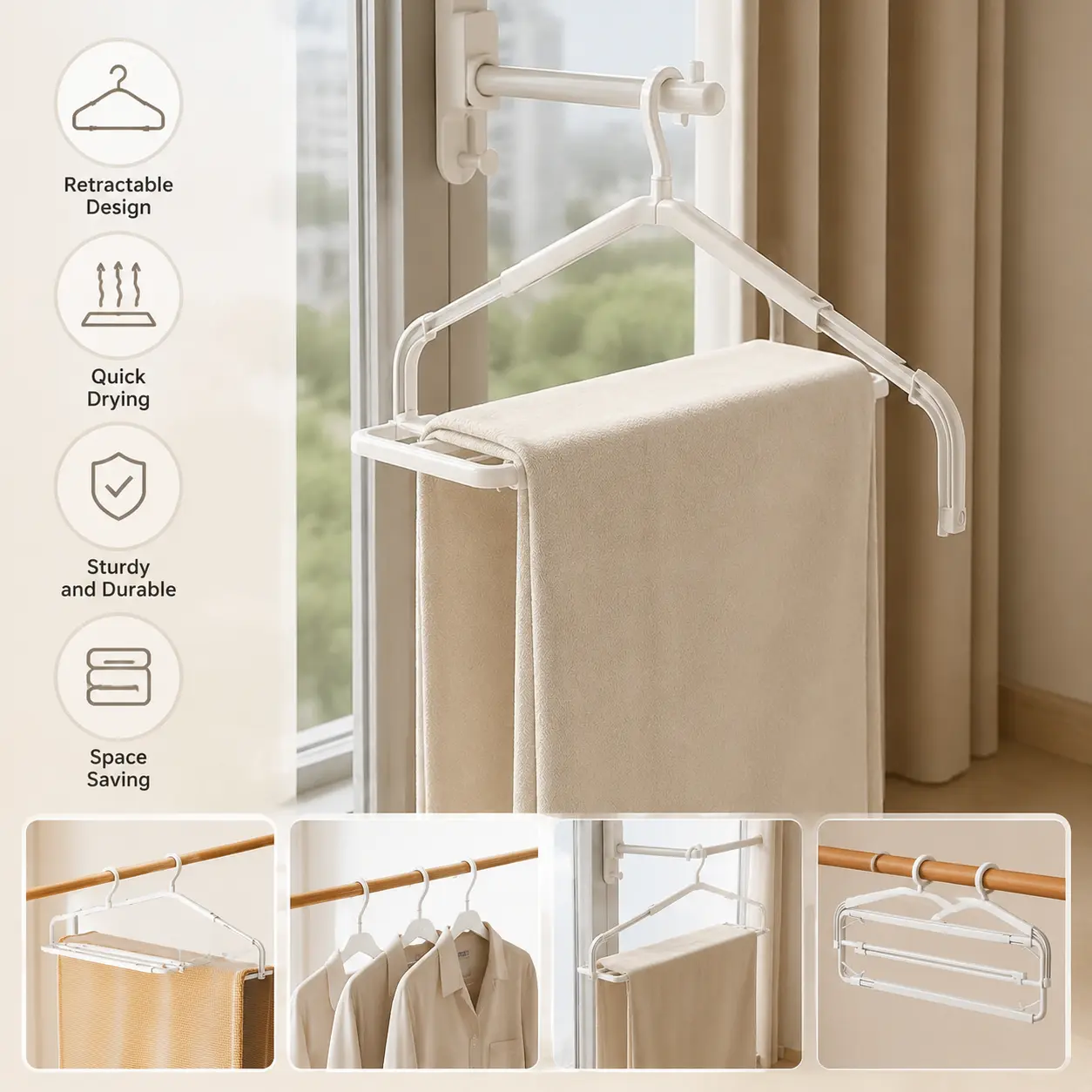 1 Count Retractable Clothes Hanger, Adjustable Hanging Rack for Drying Towels, Sheets, Garments for Home Indoor and Balcony Use