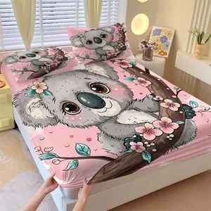 Cute Koala Cherry Blossom Fitted Sheet Set and 2 Coreless Pillowcases, Cartoon Koala and Cherry Blossom Branch Mattress Protector, Soft Non-Slip Wrinkle-Resistant, Fresh Kids Bedroom Decor, Gift Choice