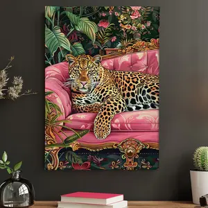 Fashion Leopard on Pink Sofa Canvas Art Print Frameless Art Deco Jungle Animal Wall Hanging Decor Modern Classic Style Ink Poster for Home Office Bedroom Living Room Indoor Portrait Wall Art with Floral Pattern Spring Ornaments Photo