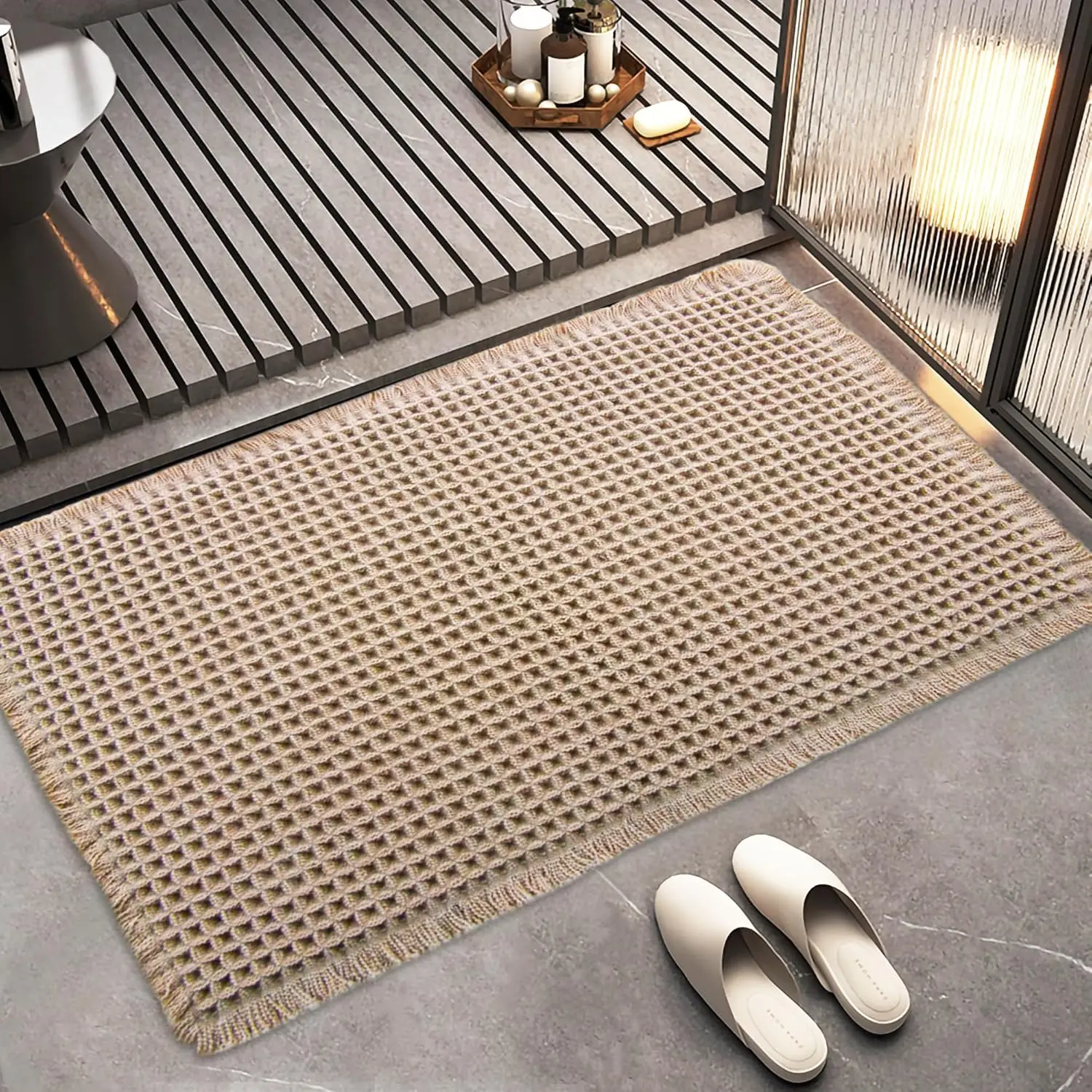Bathroom Rugs Waffle Bathroom mat Boho Bath mat Super Absorbent Non Slip Bath Rugs, Washable, Ultra Soft Rubber Backed Shower mat, Bath mats for Bathroom Floor, Brown 18x30in