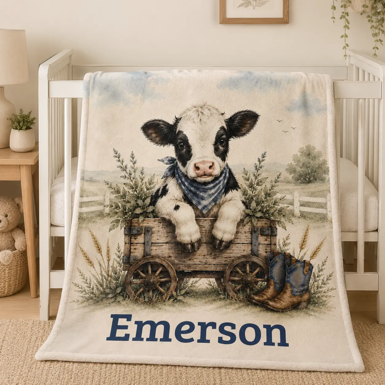 Personalized Western Cow Blanket, Baby Boy Fleece Blanket, Cowboy Nursery Decor, Farm Animal Blanket, Custom Baby Name Gift