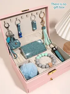 8-piece set fashion rhinestone blue keychain suit, sexy purple rhinestone packet, silicone tassel bracelet keychain, bottle opener and fur ball cigarette case for women to party and Christmas holiday gift