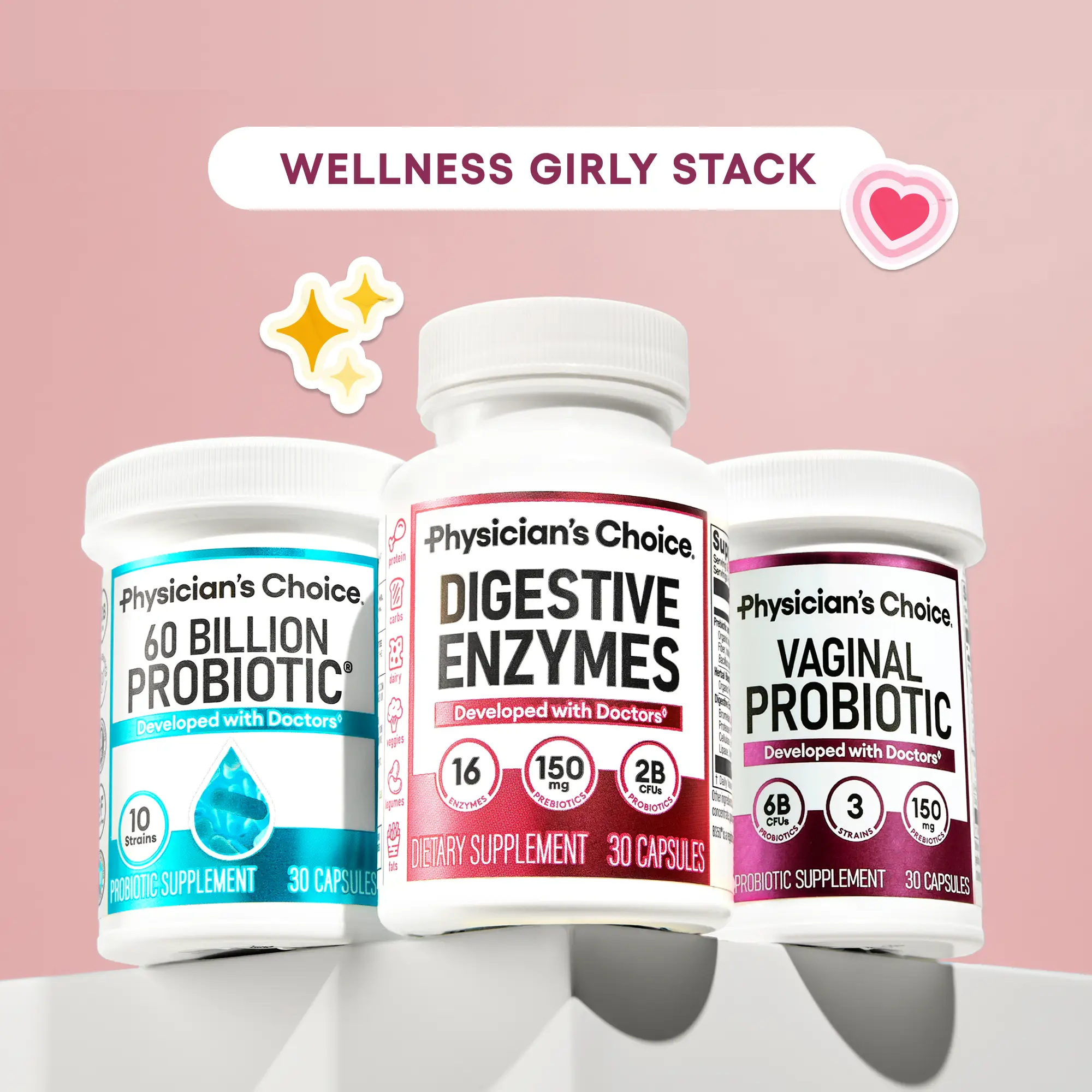 Physician's Choice Wellness Girly Stack: Feminine, Bloating & Gut Health Support with Vaginal Probiotic + 60 Billion Probiotic + Digestive Enzymes