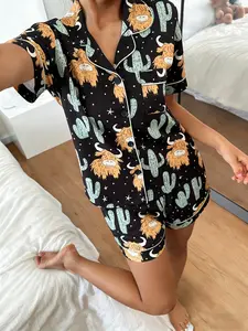 Women's Short Sleeve Shorts Cardigan Pajama Set Loungewear Nightwear Pjs, Floral Pajama Sets, Cow Cactus Full Print, Bohemian Style, Casual Loose Fit, All Seasons
