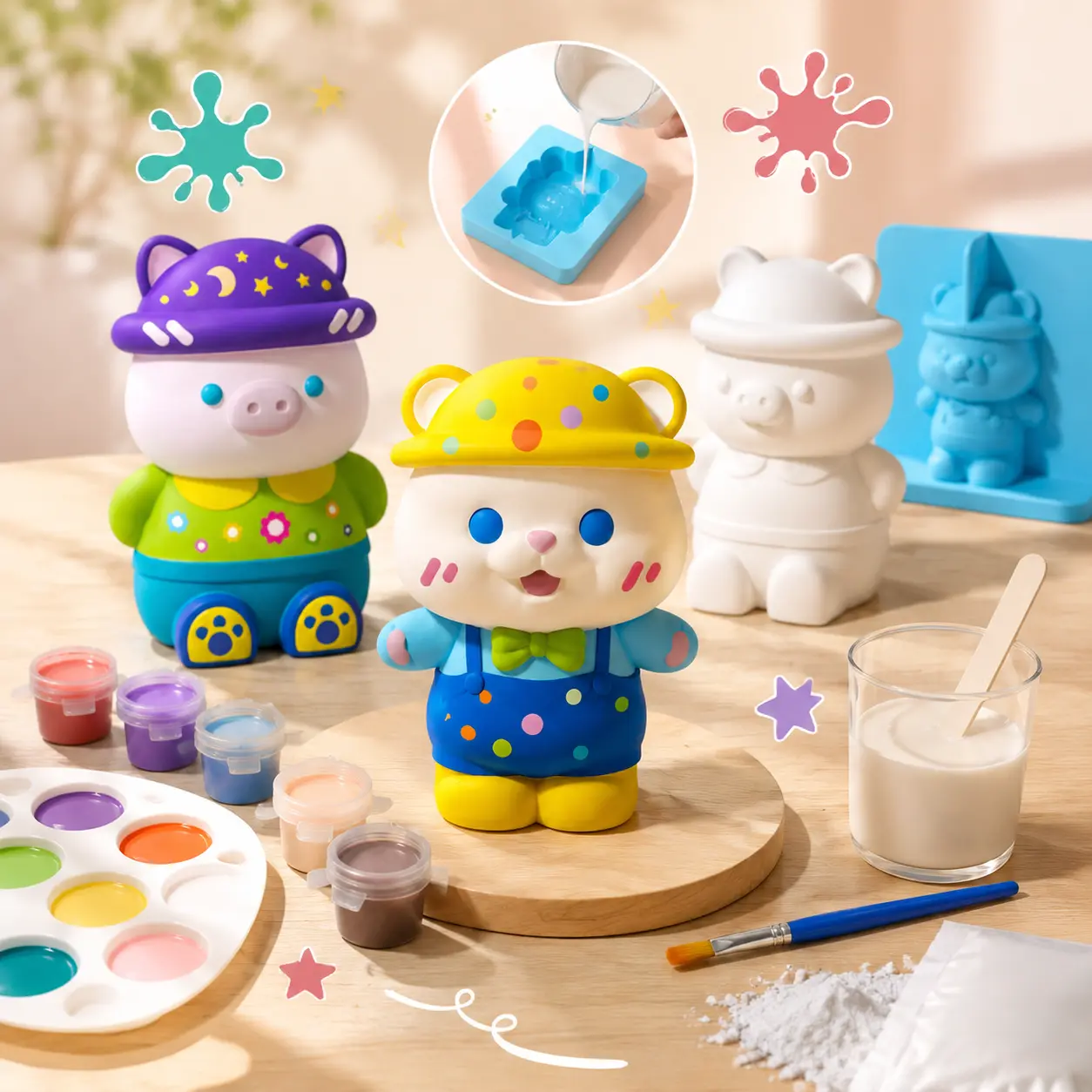 DIY Plaster Painting Kit for Kids, Creative Craft Activity Set with Paints & Brushes, Handmade Art Toy Gift for Boys Girls