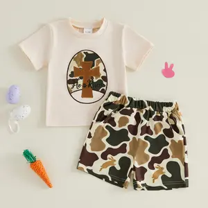 Toddler Baby Little Easter Boys Outfits Egg Embroidery Short Sleeve Tops and Camouflage Shorts Set 6M-4T