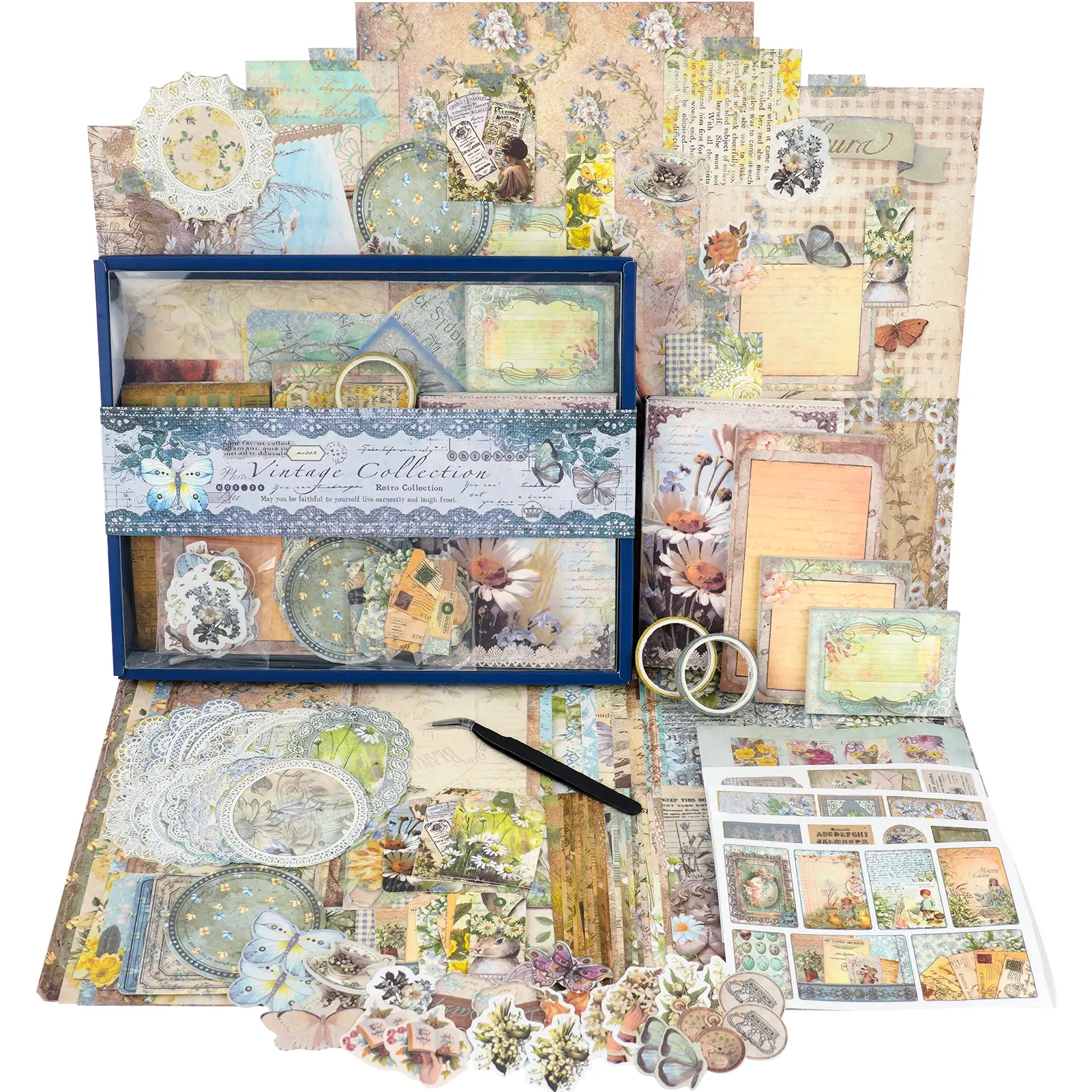 Funto Vintage Scrapbooking Kit: Wonderland, Rose Angel, Wisteria & Butterfly, Retro Travel - 96 pcs for Bullet Journaling, Scrapbooking, Planner DIY & Craft Collage