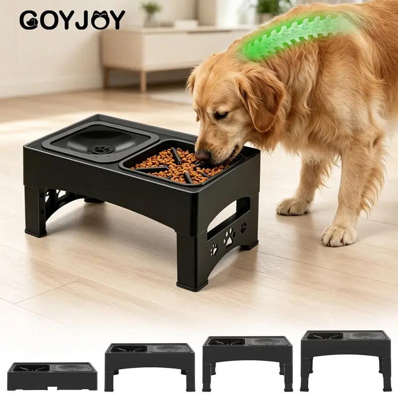 GOYJOY Elevated Pet Feeding Station - 4-Height Adjustable Elevated Design, Ergonomic Customizable Unit, Slow Feeder Dish, No-Spill Water Bowl, Anti-Slip, Hygienic for Dogs (Eases Neck & Posture Care, Reduces Hair)
