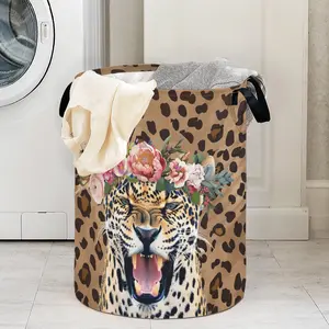 Leopard Print Laundry Basket with Handle, Durable Foldable Clothes Storage Bin, Large Capacity Toy Organizer for Home Use
