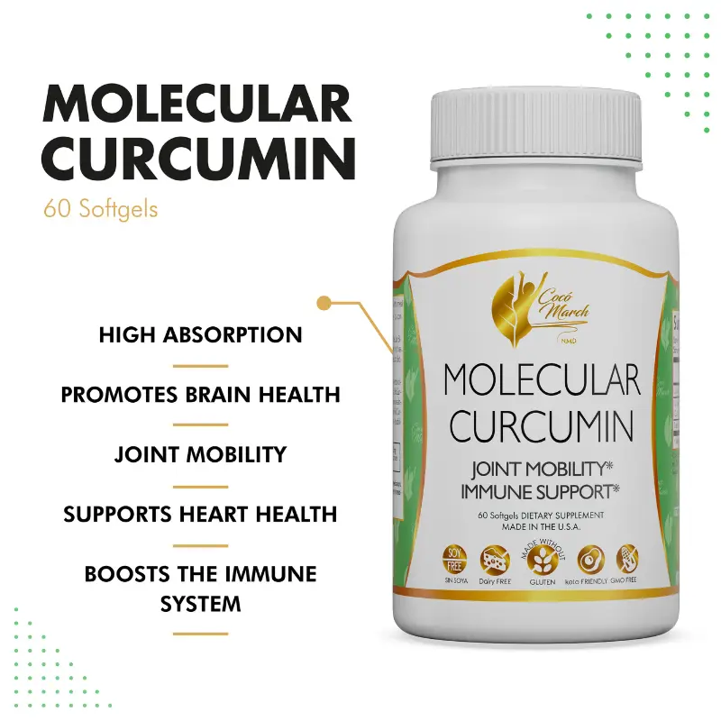 molecular glutathione coco march Coco March N.M.D Molecular Curcumin Dietary Supplement, Joint Mobility and Immune Boosting Wellness Supplement for Adults - 60 Softgels per Container