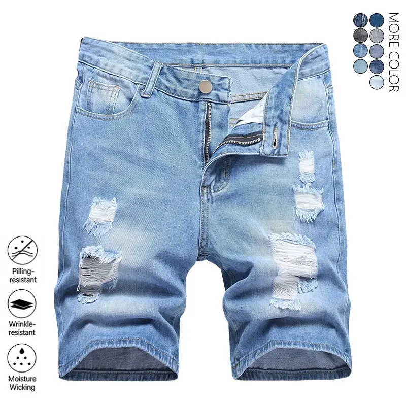 Clean Gent men’s ripped casual denim shorts—retro straight-leg fashion bottoms in a classic street style, made from cotton fabric; a natural-style, distinctive design with pockets.