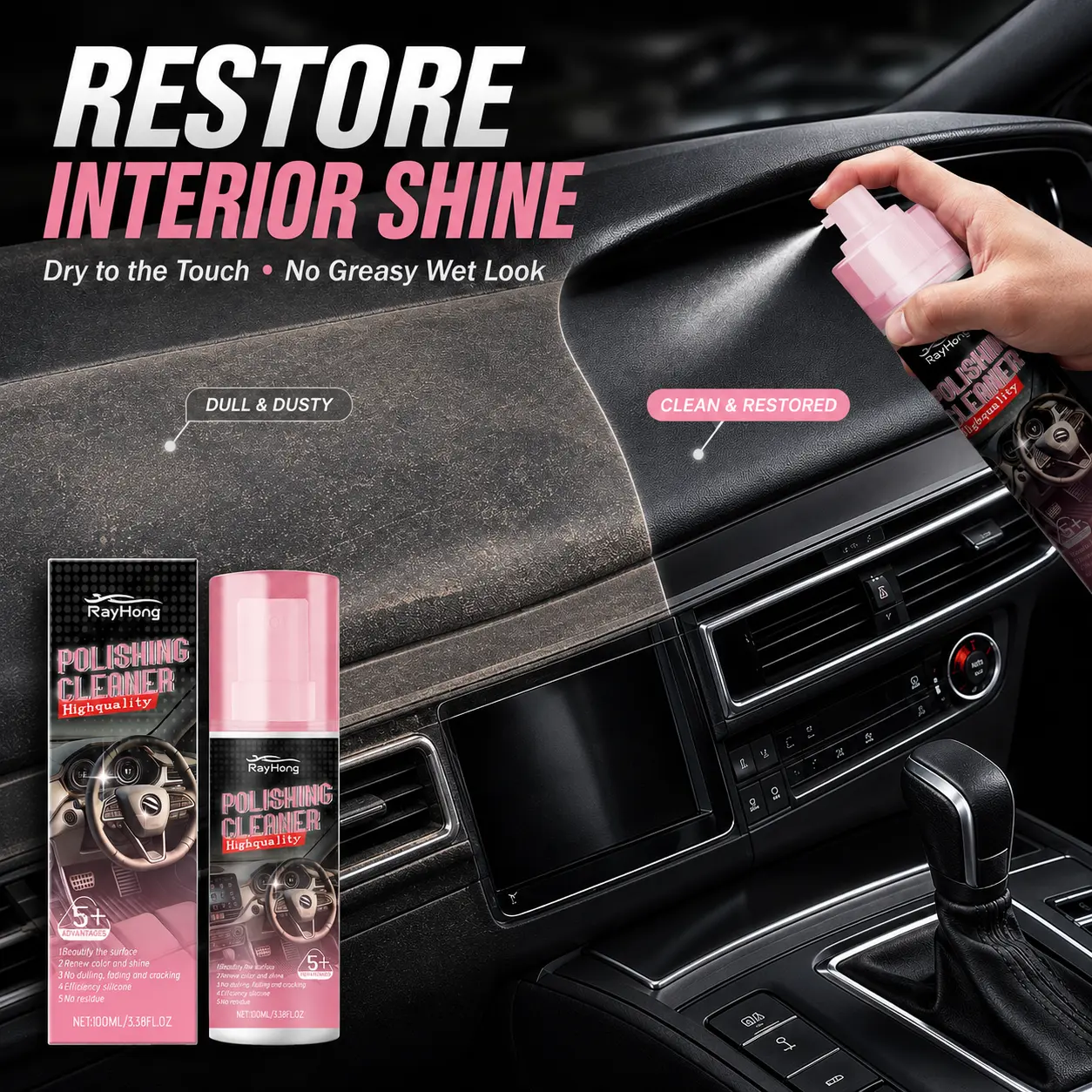 Interior Car Cleaner Detailer Spray for Dashboard Leather Seats Plastic and Panels with UV Protection Deep Cleaning Satin Finish and Durable Protection