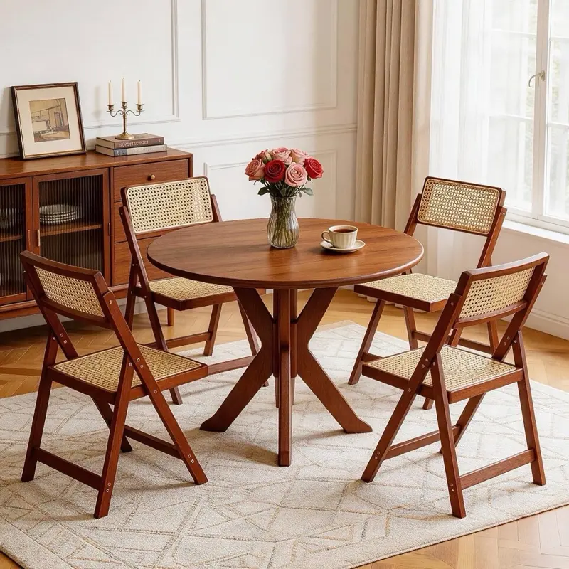Rattan Dining Chairs,Mid-Century Modern Style Patio Dining Chairs,Rattan Dining Chairs with Adjustable Backrest, Natural Resin Rattan Chair, Suitable for Balcony,Porch, Deck,Backyard, Walnut,Set of 4
