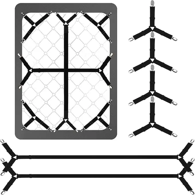 Bed Sheet Straps,6 PCS Secure and Fitted Sheet Straps for Full Size Bed,Adjustable Sheet Clips Elastic Fasteners Holders for Corners,Enhance Your Sleeping Experience(Black)