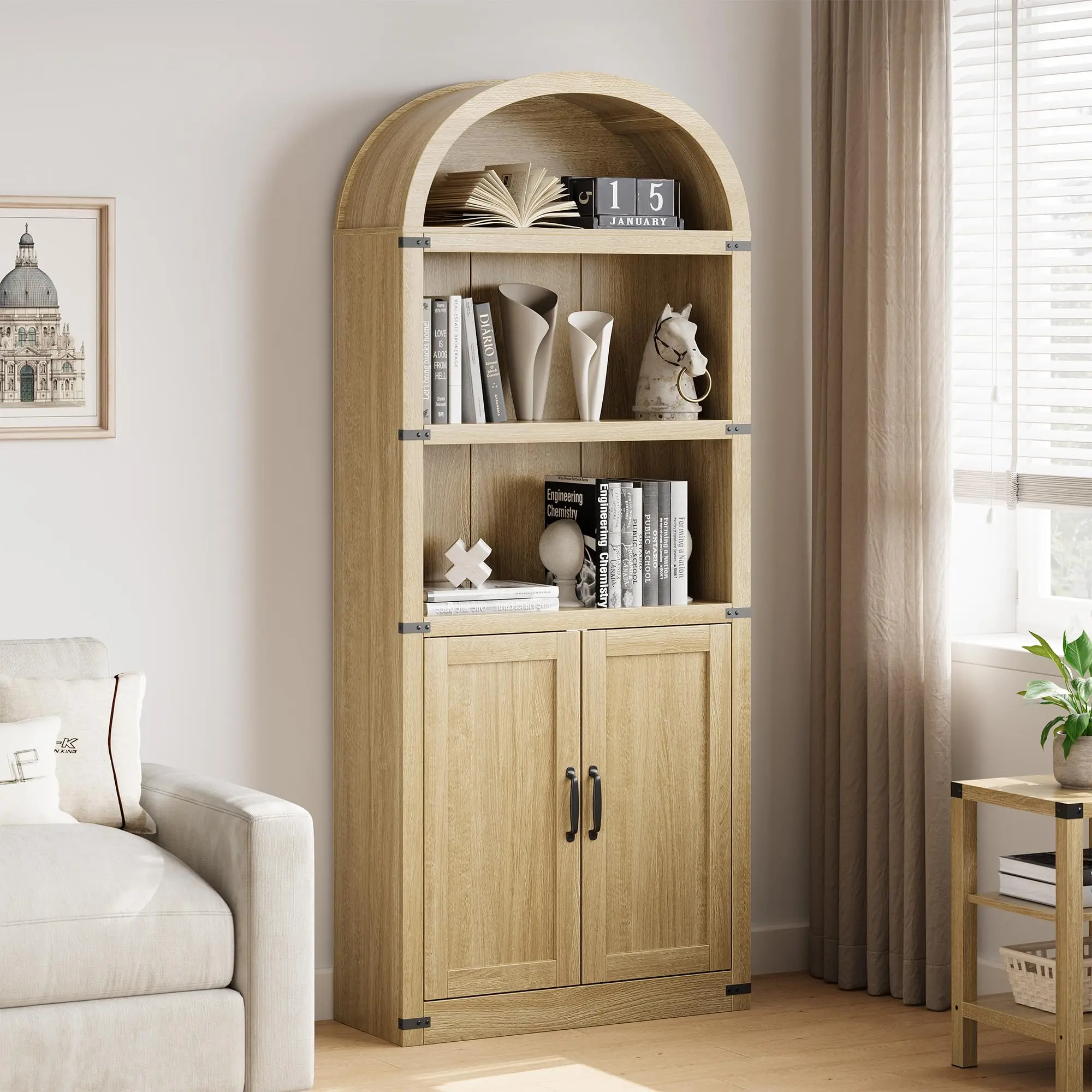 Garvee Arched Bookcase with Doors Tall  Bookshelf Farmhouse  Bookcase Cabinet with Shelves Wooden Bookshelves