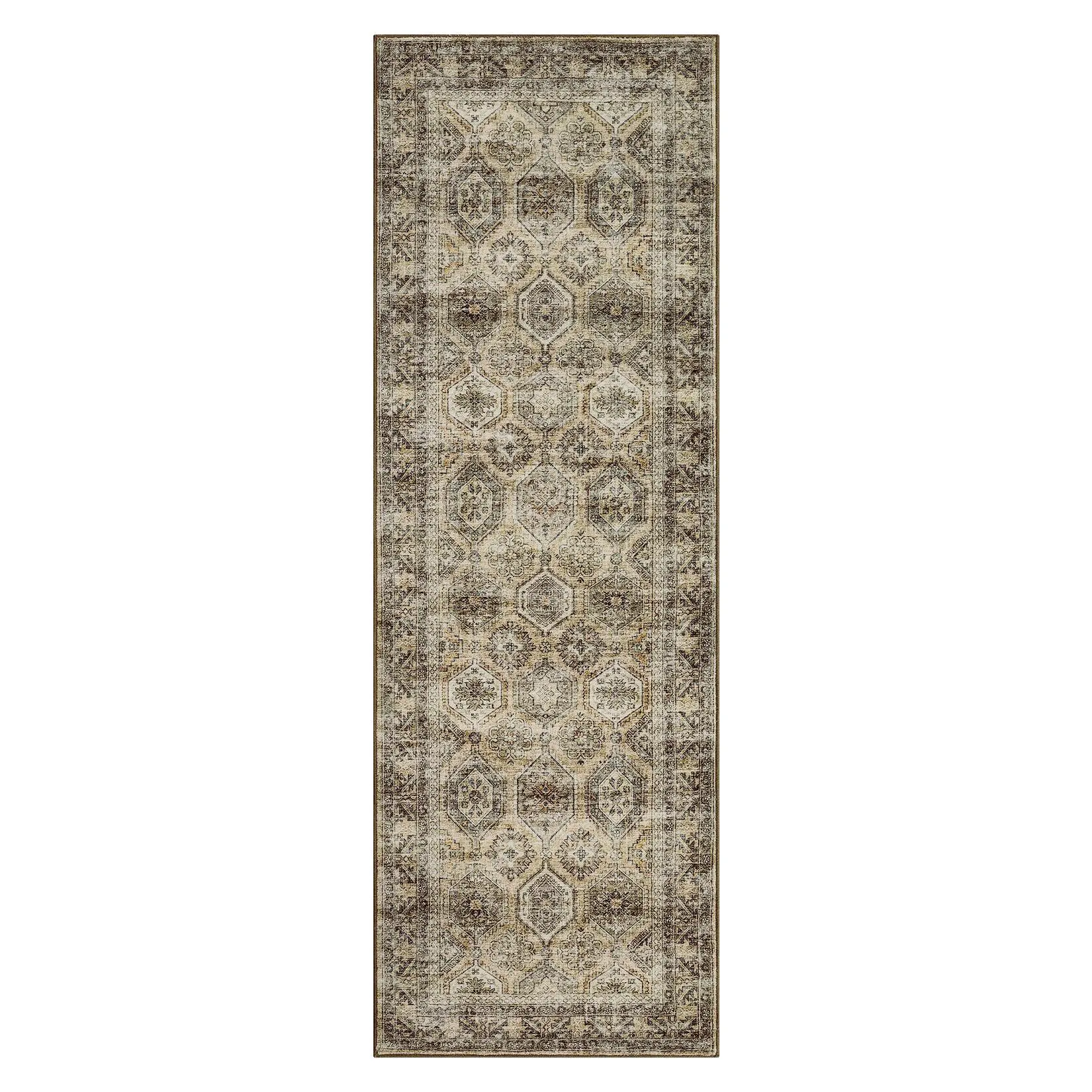2 x 6 ft Polyester Imitation Cashmere Brown Rectangular Hallway Bathroom Entryway Kitchen Office Foldable Geometric Printed Persian Washable Area Rug-C