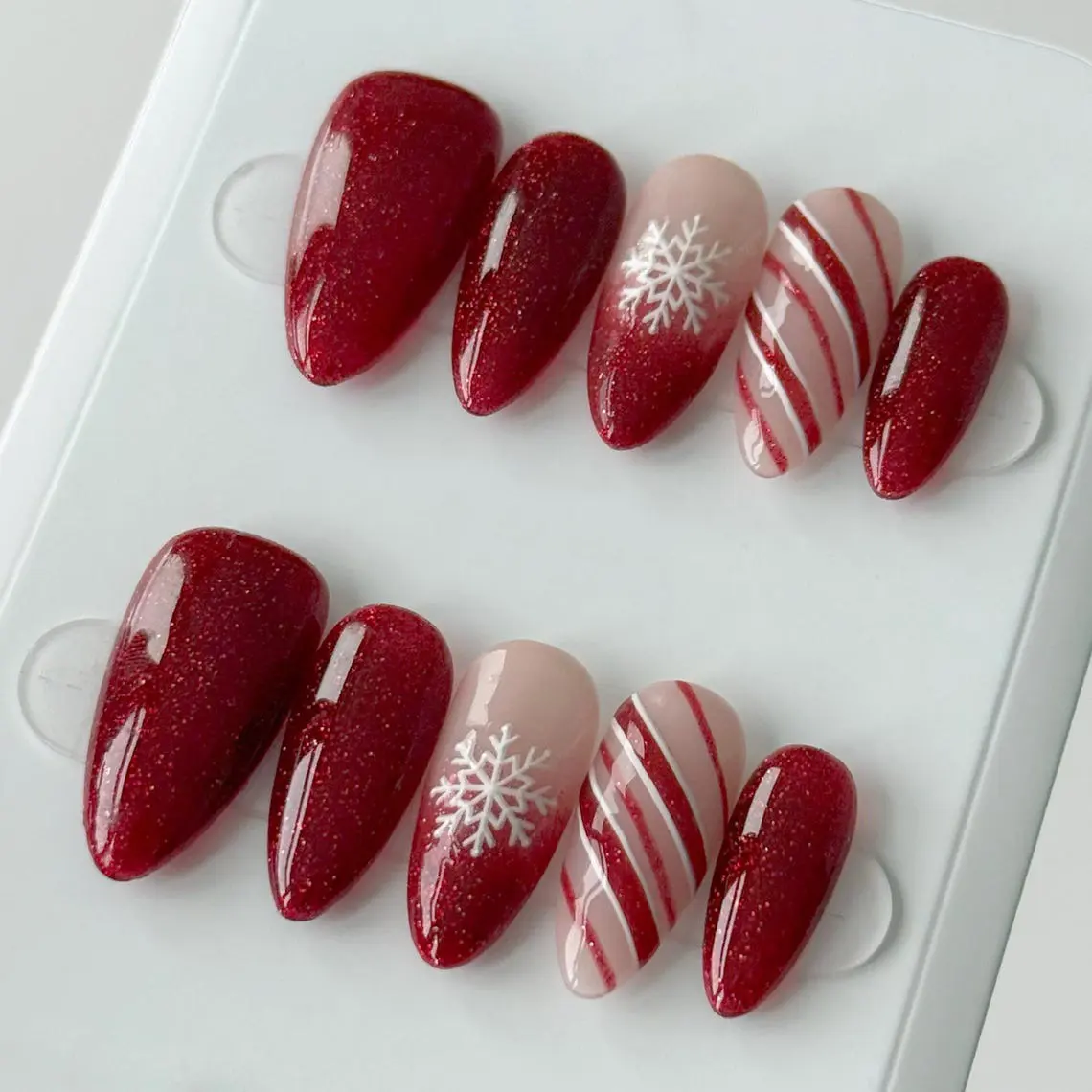 Christmas Red Press On Nails | Snowflake Nails | Candy Cane Stripes | Holiday Party Nails | Reusable Nails | Mid Almond Nails