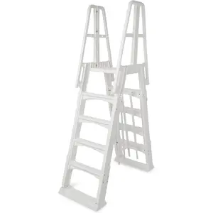 Vinyl Works SLA A-Frame 48 to 56 Inch Adjustable Above Ground Swimming Pool Ladder Entry System with Slide Lock Barrier and Handrails, White