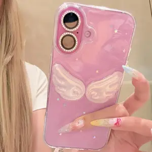 Korean INS Cute Glitter Shiny Angel Wings Phone Case For iPhone 17 Air 16 15 14 13 12 11 Pro Max X XR Max Clear Cover Girl Gift