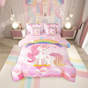 7 Pcs Comforter Set,Cute Rainbow Unicorn Bed in a Bag,Cartoon Kawaii Cute Pink Unicorn Stars Bedding Set