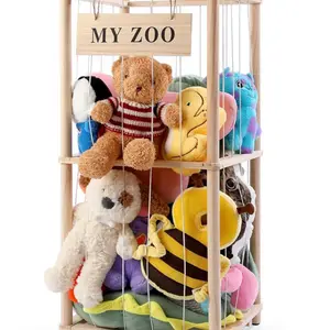 Stuffed Animal Storage Zoo, Wooden Stuffed Animal Organizer with Elastic Cords for Boys Girls, Space Saving Toy Plushies Storage Holder for Playroom, Bedroom, Living Room (Burlywood, Small)