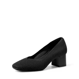 Dream Pairs Women's Square Toe Mid Heel Block Heel Knit Pumps