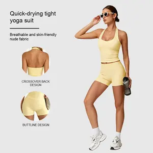 Halter Sweet & Spicy Yoga Two-Piece Set: High-Stretch Slim Fit Design, Solid Color Versatile, Comfortable and Breathable, Perfect for Pilates, Relaxing at Home and Layering with Jackets. Sweatsuit Set Outfit Athletic Fashion Activewear