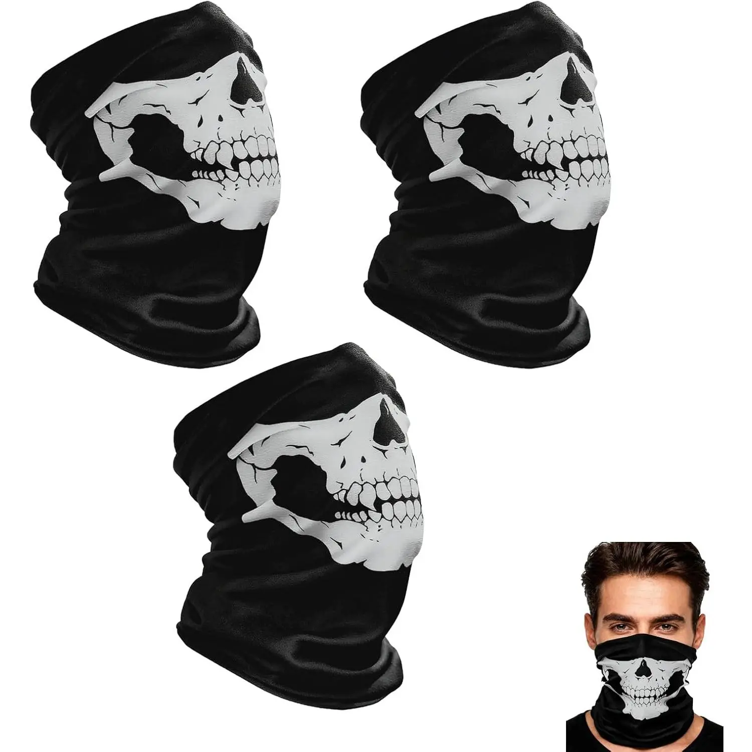 Unisex Skull Print Neck Gaiter Masks (3-Pack) - Seamless Microfiber, Comfortable, Breathable, Windproof, Stretchable - for Outdoor Sports, Motorcycle Riding - 8.6x10.2in Adult Sports & Outdoor Face Covers