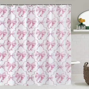 Sweet Girl Style Bowknot Shower Curtain Set, Background with Wave Lines, Includes 12 Plastic Hooks, Bathroom Decor Gift, Shower Essentials, Home Goods