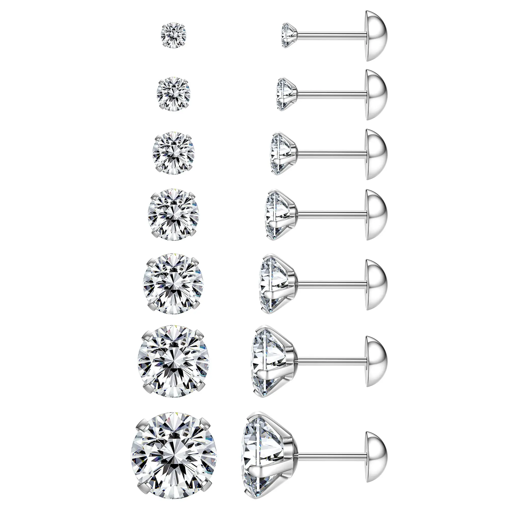 Nandudu Women's 7pcs S925 Sterling Silver CZ Stud Earring Pack, Hypoallergenic Screw Back Classic Earrings, Clear Cubic Zirconia Flat Back Anti-Tarnish Cartilage Piercing Jewelry