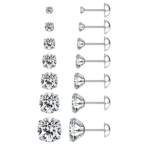 Nandudu Women's 7pcs S925 Sterling Silver CZ Stud Earring Pack, Hypoallergenic Screw Back Classic Earrings, Clear Cubic Zirconia Flat Back Anti-Tarnish Cartilage Piercing Jewelry