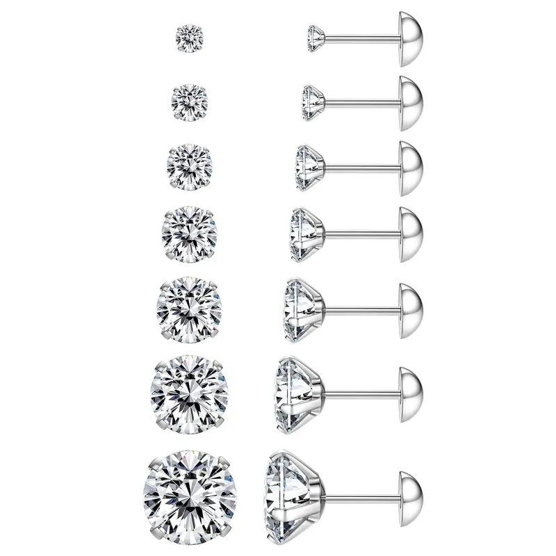 Nandudu Women's 7pcs S925 Sterling Silver CZ Stud Earring Pack, Hypoallergenic Screw Back Classic Earrings, Clear Cubic Zirconia Flat Back Anti-Tarnish Cartilage Piercing Jewelry