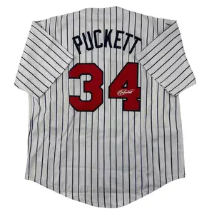 Autographed Kirby Puckett Minnesota Baseball, White Pinstripe Jersey Number 34 Signed in Red, Perfect Gift for Collectors