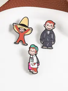 3PCS Curious George Cartoon Lapel Pin Classic Children's Picture Book George in Black Suit with Bow Tie George Holding Large Yellow Straw Hat Enamel Pin High Quality Durable Alloy Pin Backpack Lapel Badge Versatile Jewelry Gift for Fan Friends