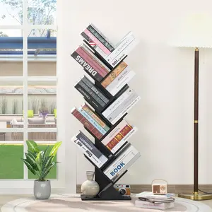 10-Tier Tree Bookshelf, Floor Standing Wooden Storage Organizer for Narrow Spaces, Bookcase for Books, CDs, and Magazines, Multi-Shelf Storage Solution for Home Office and Living Room - Black