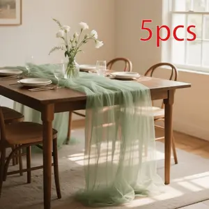 5-Piece Sage Mesh Table Runner Set, Premium Polyester Fiber Material, DIY Cuttable Decorative for Dessert Tables, Weddings, Outdoor Parties